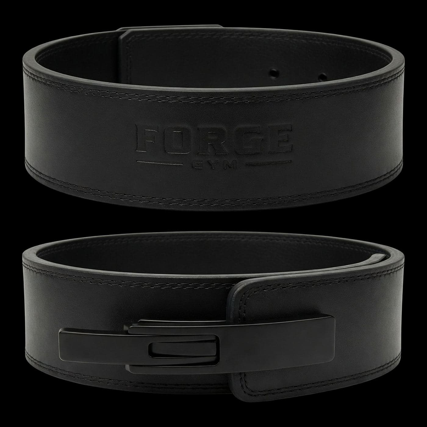 FORGE GYM black lever belt dual-angle product view — embossed body logo, blank black steel lever.