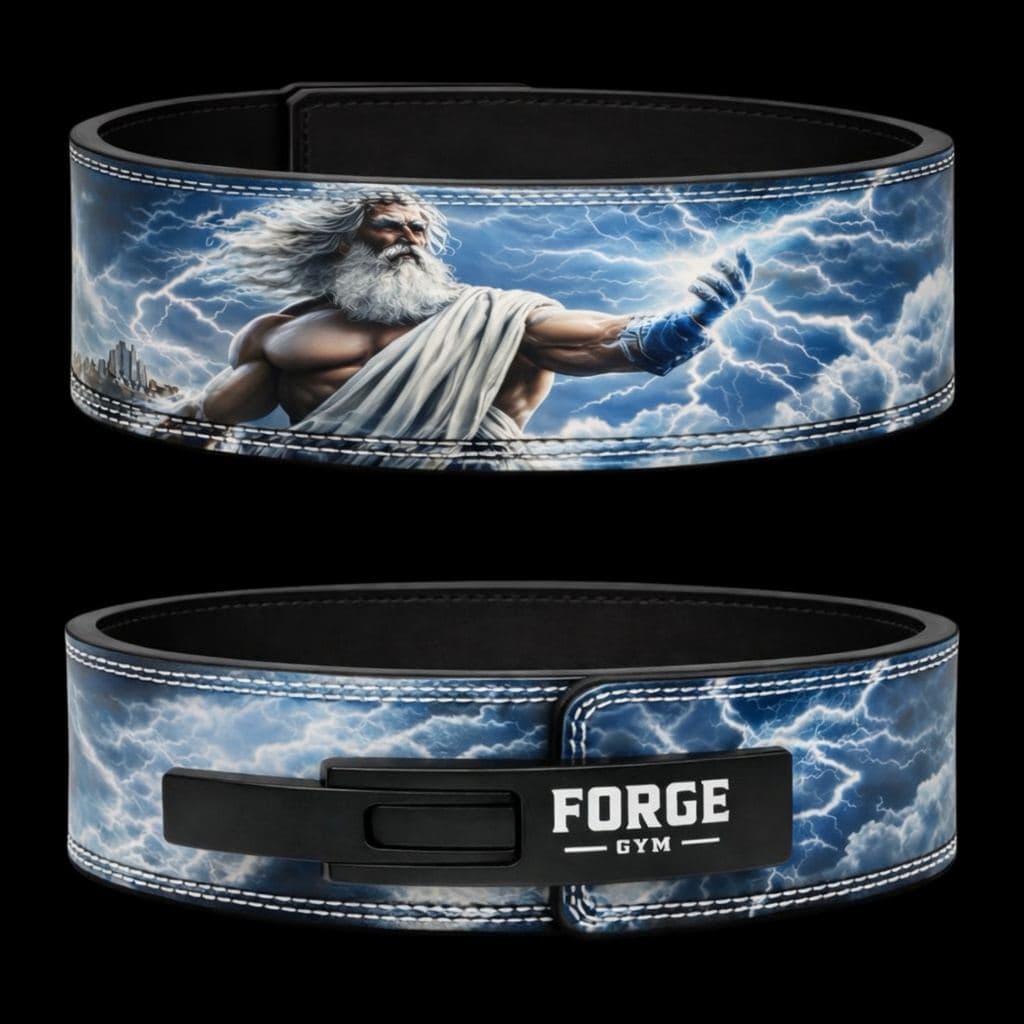 FORGE Zeus lever belt dual-angle product view on pure black background.