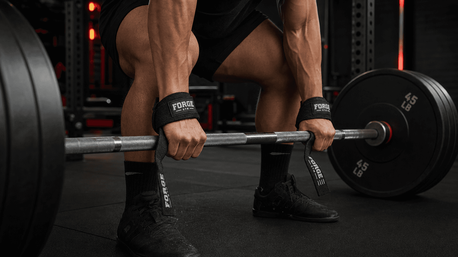 Athlete gripping a loaded barbell with FORGE wrist straps